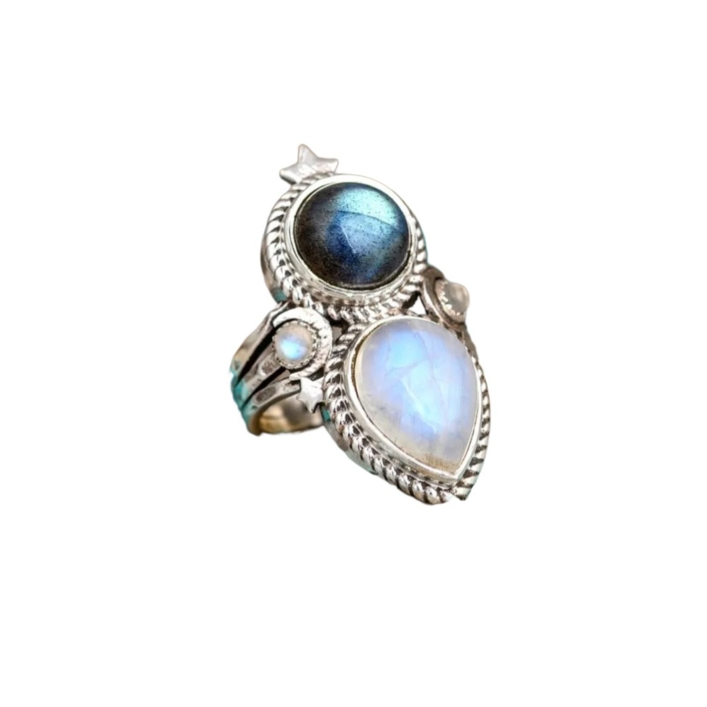Moonstone & Black Onyx Sterling Silver 925 Ring - Bohemian Dreams - Picture 2 of 8